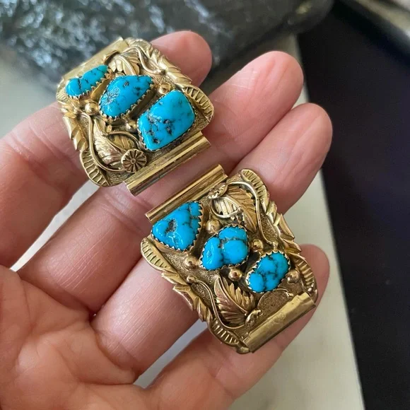 Gold 14K Native American Turquoise Vintage Watch Tips signed Walley - Picture 9 of 15